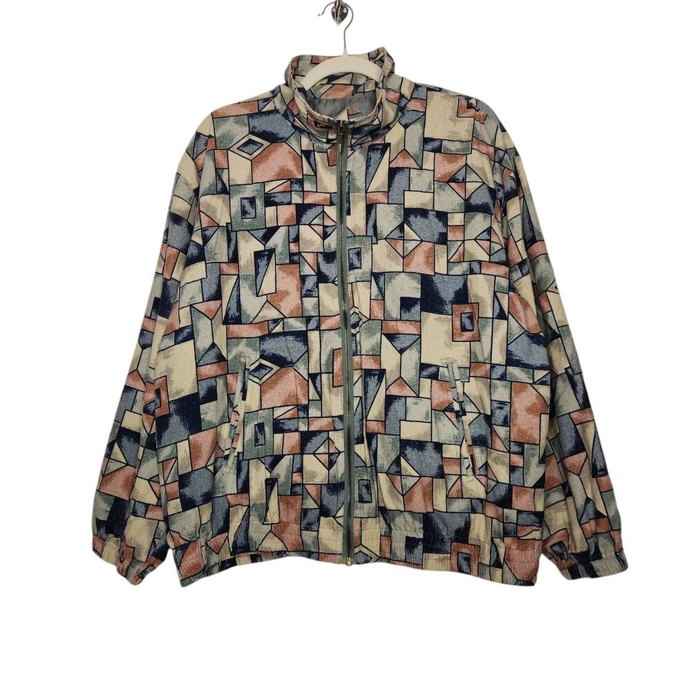 Vintage Silk Bomber Zip Jacket Large Geometric Art All Over Grandpa Grunge 90s